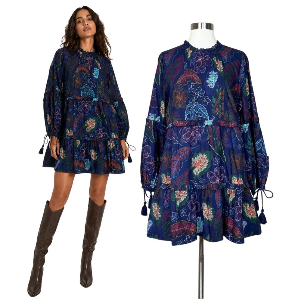 NEW Allison | Navy Floral Leaf Print Cotton Tiered Tassel Sleeve Mini Dress M